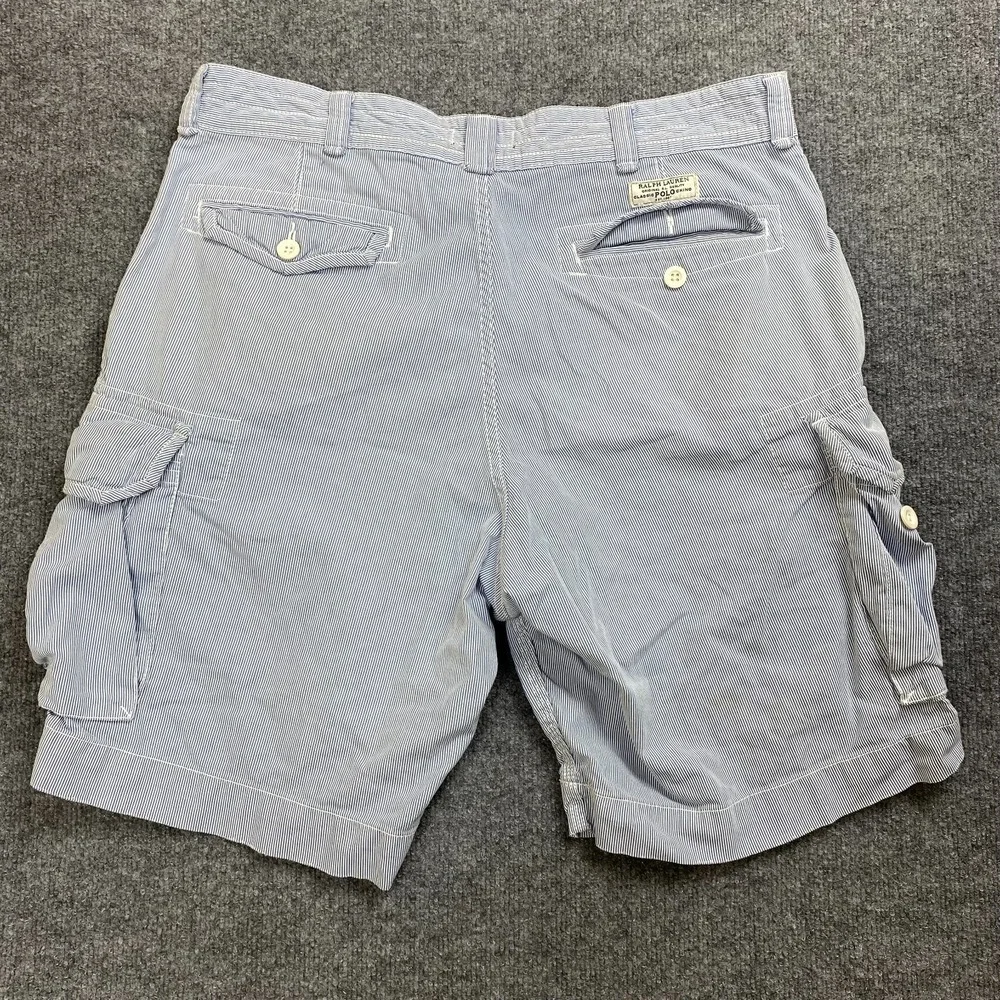 Polo Ralph Lauren Cargo Shorts Mens 36 Blue White Pinstripe Cotton Preppy‎ Beach